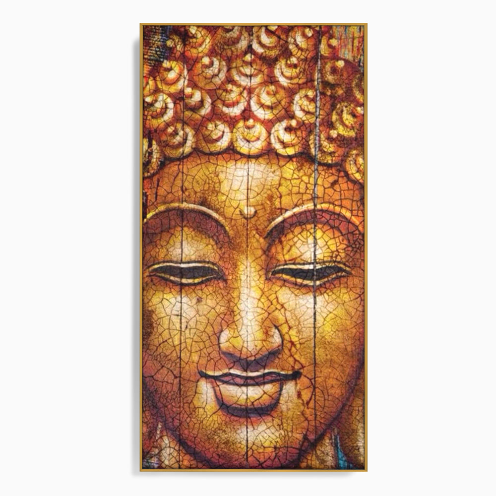 Tablou canvas cu tablou canvas cu chipul lui buddha, in rama de aluminiu auriu